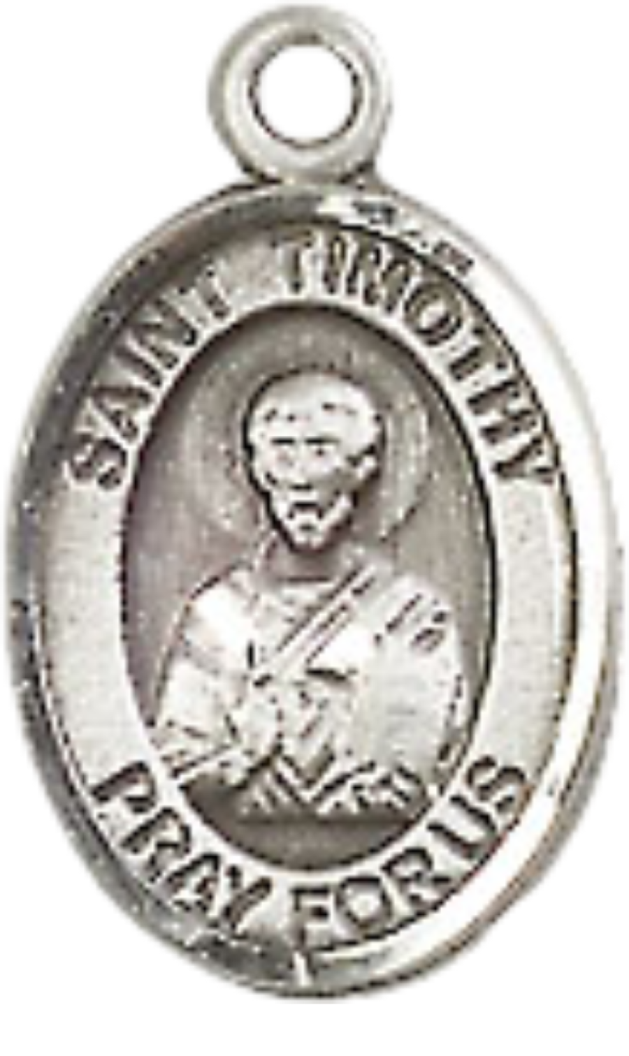 Small Sized Women's Pewter Saint Timothy Medal Pendant on 18 Inch Rhodium Plated Lite Curb Brass Chain with Lobster Claw Clasp, Catholic Religious Necklace - Made in USA- Velvet Gift Box