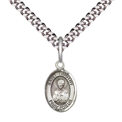 Small Sized Men's Pewter Saint St. Timothy Medal Pendant on 24 Inch Endless Rhodium Plated Heavy Curb Brass Chain, Catholic Religious Necklace - Made in USA- Deluxe Velvet Gift Box