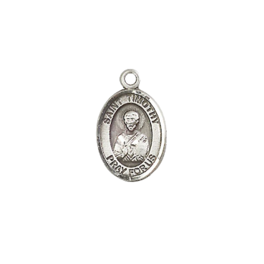 Small Sized Men's Pewter Saint St. Timothy Medal Pendant on 24 Inch Endless Rhodium Plated Heavy Curb Brass Chain, Catholic Religious Necklace - Made in USA- Deluxe Velvet Gift Box