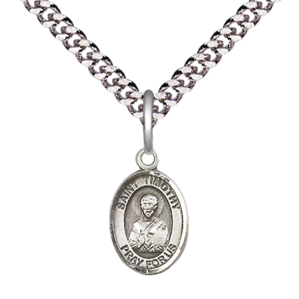 Small Sized Men's .925 Sterling Silver Saint St. Timothy Medal Pendant on 24 Inch Endless Rhodium Plated Heavy Curb Brass Chain, Catholic Religious Necklace - Made in USA- Deluxe Velvet Gift Box