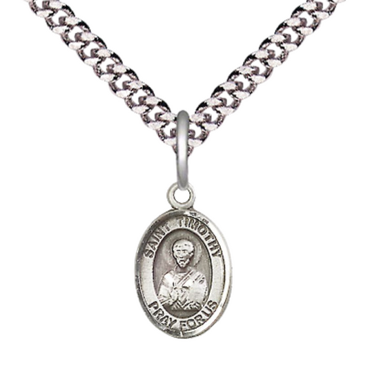 Small Sized Men's .925 Sterling Silver Saint St. Timothy Medal Pendant on 24 Inch Endless Rhodium Plated Heavy Curb Brass Chain, Catholic Religious Necklace - Made in USA- Deluxe Velvet Gift Box