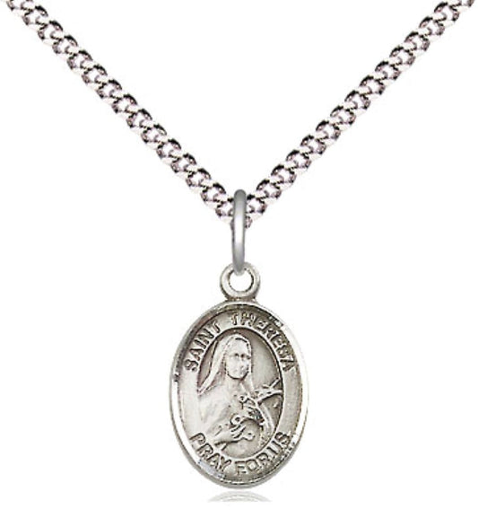 Small Sized Women's .925 Sterling Silver Saint St. Theresa Medal Pendant on 18 Inch Rhodium Plated Lite Curb Brass Chain with Lobster Claw Clasp, Catholic Religious Necklace - Made in USA- Velvet Gift Box