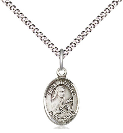 Small Sized Women's Pewter Saint Theresa Medal Pendant on 18 Inch Rhodium Plated Lite Curb Brass Chain with Lobster Claw Clasp, Catholic Religious Necklace - Made in USA- Velvet Gift Box
