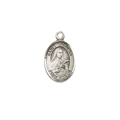 Small Sized Men's Pewter Saint St. Theresa Medal Pendant on 24 Inch Endless Rhodium Plated Heavy Curb Brass Chain, Catholic Religious Necklace - Made in USA- Deluxe Velvet Gift Box
