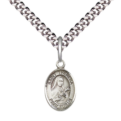 Small Sized Men's Pewter Saint St. Theresa Medal Pendant on 24 Inch Endless Rhodium Plated Heavy Curb Brass Chain, Catholic Religious Necklace - Made in USA- Deluxe Velvet Gift Box
