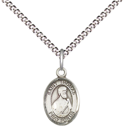 Small Sized Women's .925 Sterling Silver Saint St. Thomas the Apostle Medal Pendant on 18 Inch Rhodium Plated Lite Curb Brass Chain w/ Lobster Claw Clasp, Catholic Religious Necklace - Made in USA- Velvet Gift Box