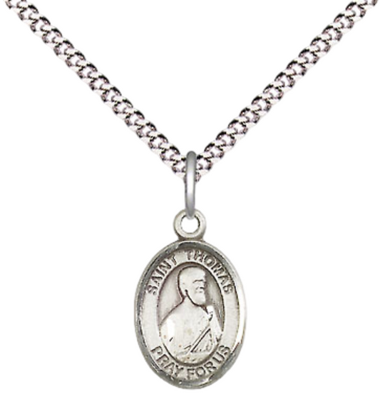 Small Sized Women's .925 Sterling Silver Saint St. Thomas the Apostle Medal Pendant on 18 Inch Rhodium Plated Lite Curb Brass Chain w/ Lobster Claw Clasp, Catholic Religious Necklace - Made in USA- Velvet Gift Box