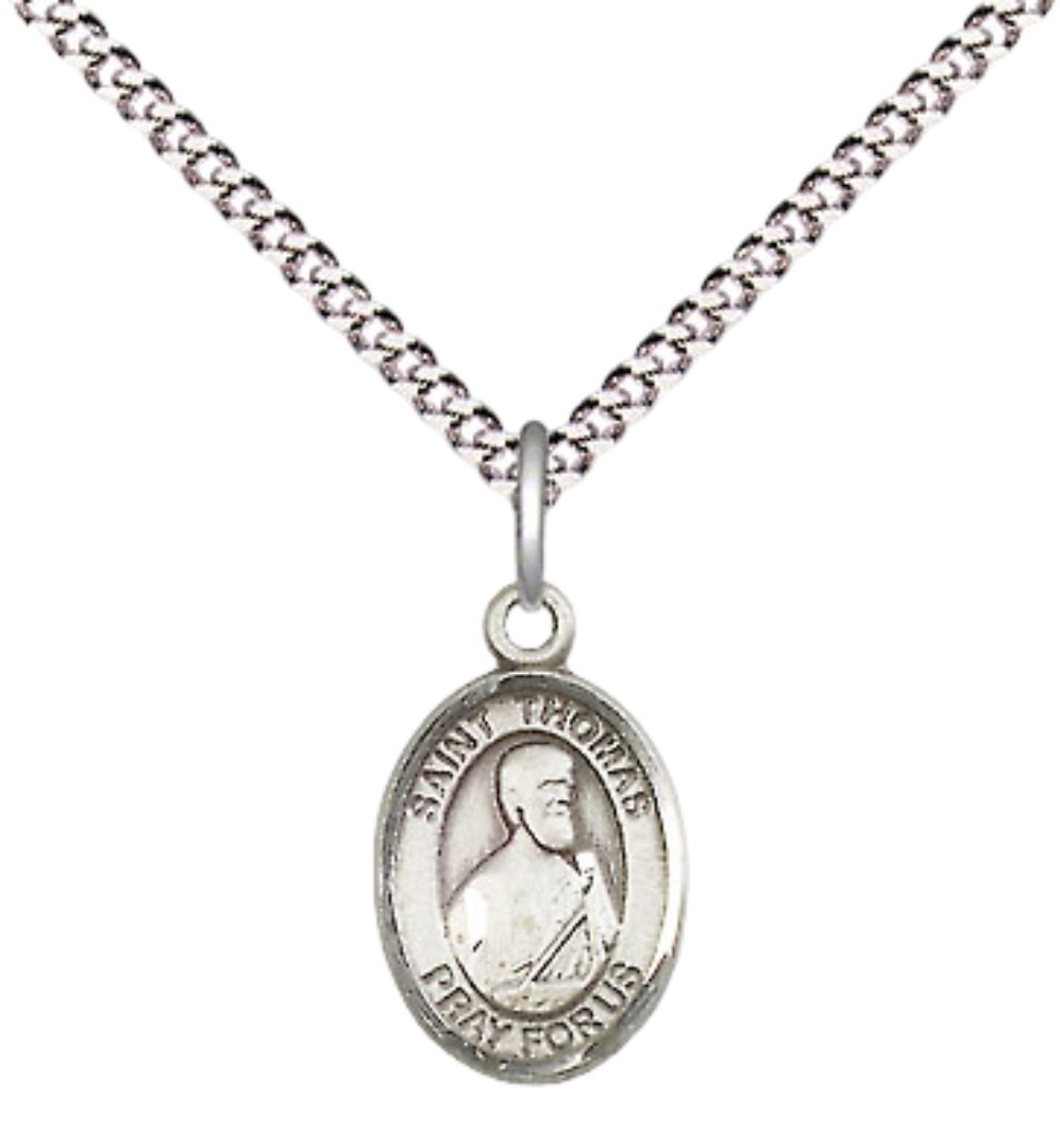 Small Sized Women's Pewter Saint St. Thomas the Apostle Medal Pendant on 18 Inch Rhodium Plated Lite Curb Brass Chain with Lobster Claw Clasp, Catholic Religious Necklace - Made in USA- Velvet Gift Box