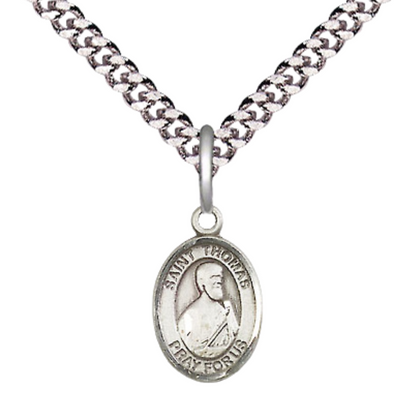Small Sized Men's .925 Sterling Silver Saint St. Thomas the Apostle Medal Pendant on 24 Inch Endless Rhodium Plated Heavy Curb Brass Chain, Catholic Religious Necklace - Made in USA- Deluxe Velvet Gift Box