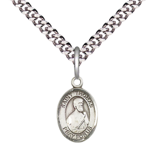 Small Sized Men's Pewter Saint St. Thomas the Apostle Medal Pendant on 24 Inch Endless Rhodium Plated Heavy Curb Brass Chain, Catholic Religious Necklace - Made in USA- Deluxe Velvet Gift Box