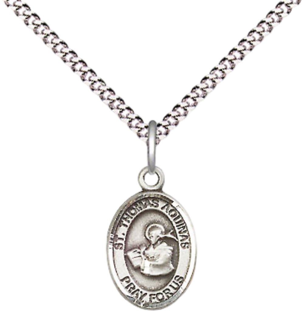 Small Sized Women's Pewter Saint St. Thomas Aquinas Medal Pendant on 18 Inch Rhodium Plated Lite Curb Brass Chain with Lobster Claw Clasp, Catholic Religious Necklace - Made in USA- Velvet Gift Box