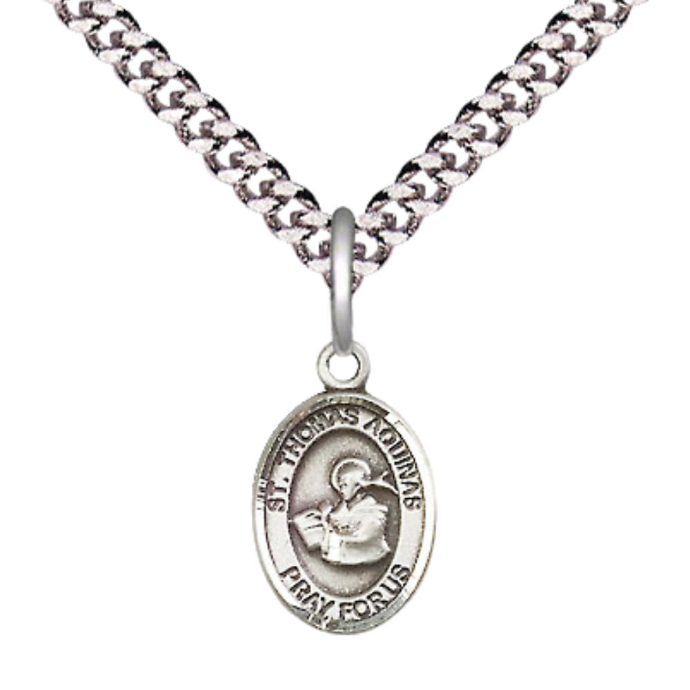 Small Sized Men's Pewter Saint St. Thomas Aquinas Medal Pendant on 24 Inch Endless Rhodium Plated Heavy Curb Brass Chain, Catholic Religious Necklace - Made in USA- Deluxe Velvet Gift Box