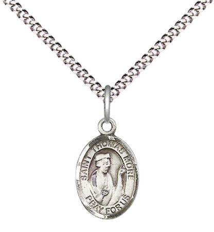 Small Sized Women's .925 Sterling Silver Saint St. Thomas More Medal Pendant on 18 Inch Rhodium Plated Lite Curb Brass Chain with Lobster Claw Clasp, Catholic Religious Necklace - Made in USA- Velvet Gift Box