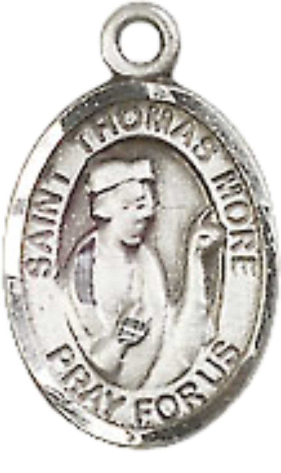 Small Sized Women's Pewter Saint Thomas More Medal Pendant on 18 Inch Rhodium Plated Lite Curb Brass Chain with Lobster Claw Clasp, Catholic Religious Necklace - Made in USA- Velvet Gift Box