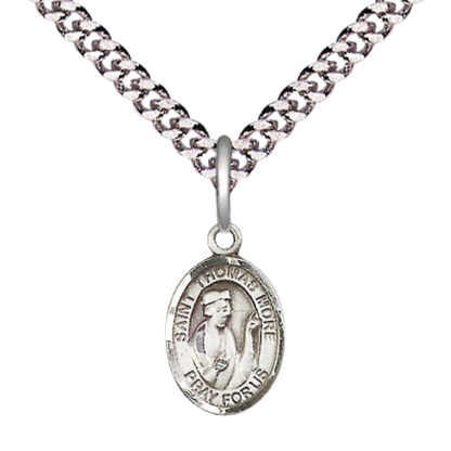 Small Sized Men's Pewter Saint St. Thomas More Medal Pendant on 24 Inch Endless Rhodium Plated Heavy Curb Brass Chain, Catholic Religious Necklace - Made in USA- Deluxe Velvet Gift Box