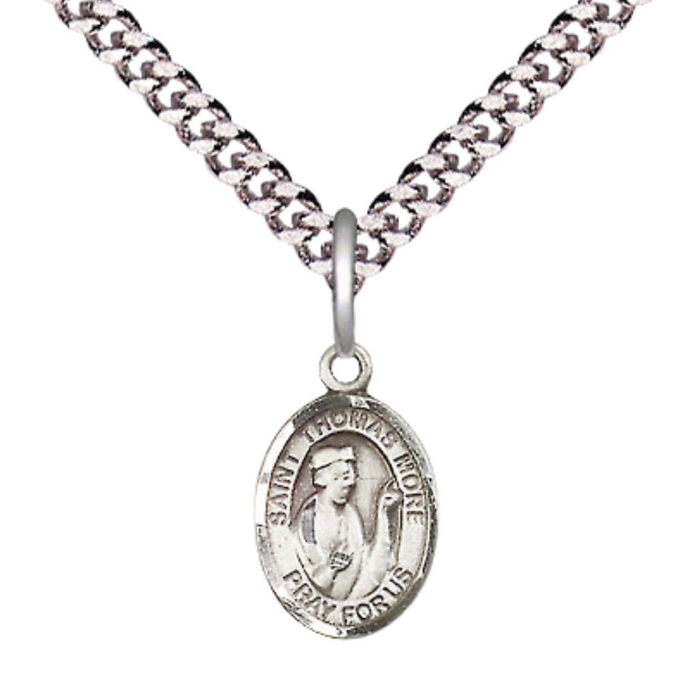 Small Sized Men's Pewter Saint St. Thomas More Medal Pendant on 24 Inch Endless Rhodium Plated Heavy Curb Brass Chain, Catholic Religious Necklace - Made in USA- Deluxe Velvet Gift Box