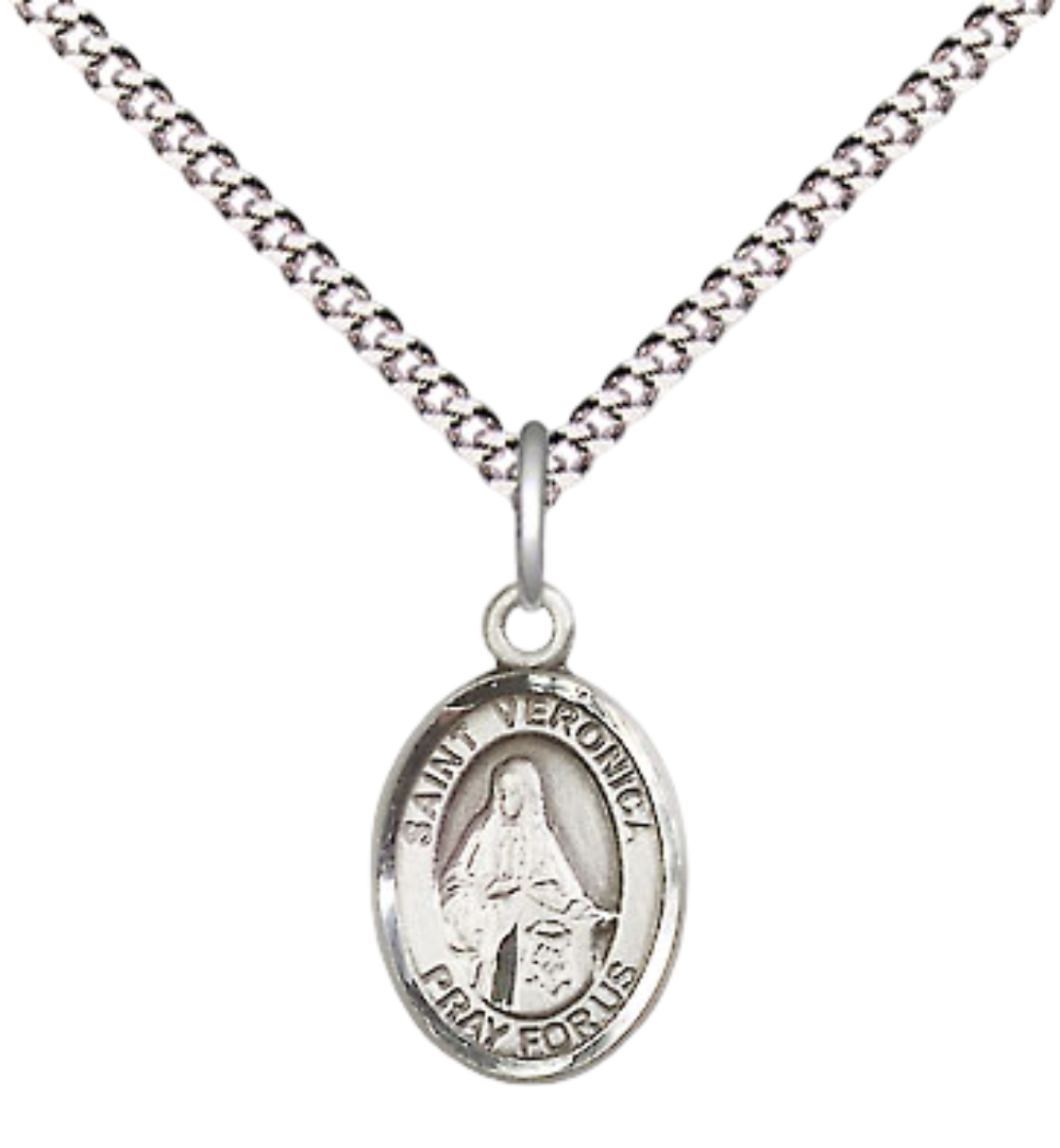 Small Sized Women's .925 Sterling Silver Saint St. Veronica Medal Pendant on 18 Inch Rhodium Plated Lite Curb Brass Chain with Lobster Claw Clasp, Catholic Religious Necklace - Made in USA- Velvet Gift Box