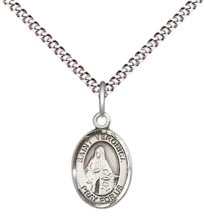 Small Sized Women's .925 Sterling Silver Saint St. Veronica Medal Pendant on 18 Inch Rhodium Plated Lite Curb Brass Chain with Lobster Claw Clasp, Catholic Religious Necklace - Made in USA- Velvet Gift Box