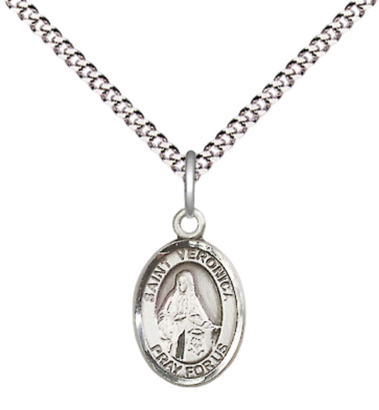 Small Sized Women's .925 Sterling Silver Saint St. Veronica Medal Pendant on 18 Inch Rhodium Plated Lite Curb Brass Chain with Lobster Claw Clasp, Catholic Religious Necklace - Made in USA- Velvet Gift Box