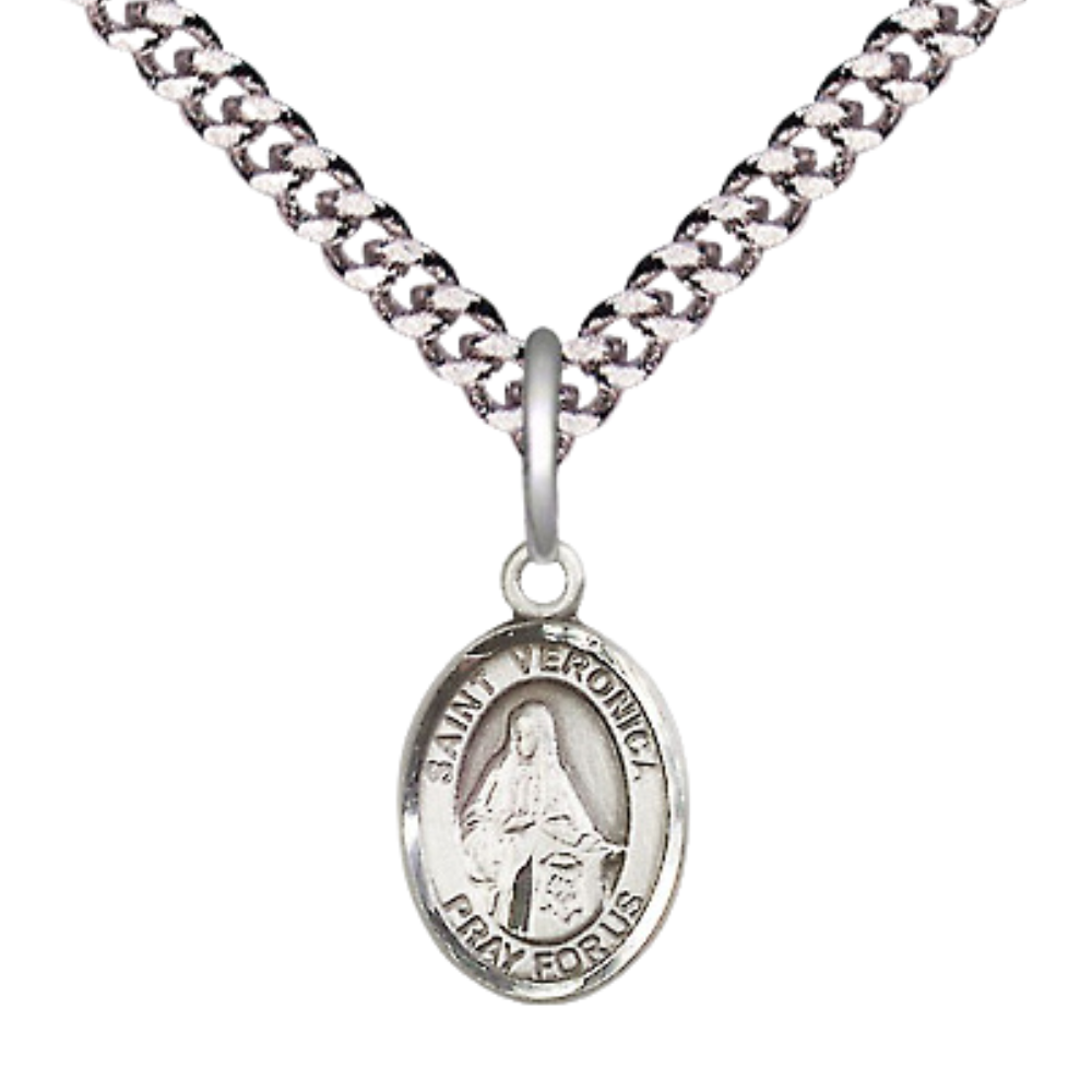 Small Sized Men's .925 Sterling Silver Saint St. Veronica Medal Pendant on 24 Inch Endless Rhodium Plated Heavy Curb Brass Chain, Catholic Religious Necklace - Made in USA- Deluxe Velvet Gift Box