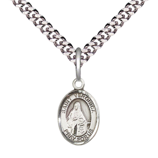 Small Sized Men's Pewter Saint St. Veronica Medal Pendant on 24 Inch Endless Rhodium Plated Heavy Curb Brass Chain, Catholic Religious Necklace - Made in USA- Deluxe Velvet Gift Box