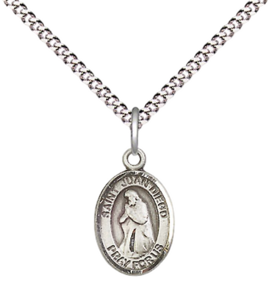 Small Sized Women's Pewter Saint St. Juan Diego Medal Pendant on 18 Inch Rhodium Plated Lite Curb Brass Chain with Lobster Claw Clasp, Catholic Religious Necklace - Made in USA- Velvet Gift Box