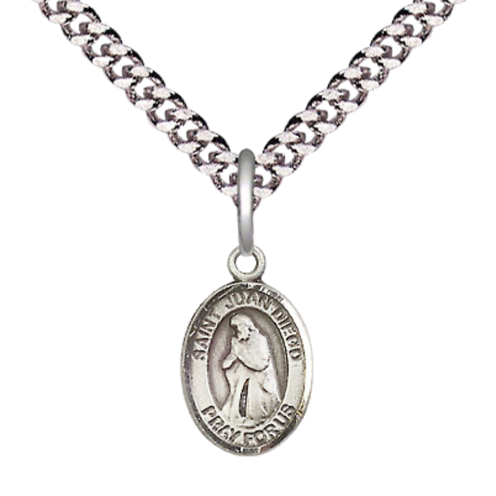 Small Sized Men's Pewter Saint St. Juan Diego Medal Pendant on 24 Inch Endless Rhodium Plated Heavy Curb Brass Chain, Catholic Religious Necklace - Made in USA- Deluxe Velvet Gift Box