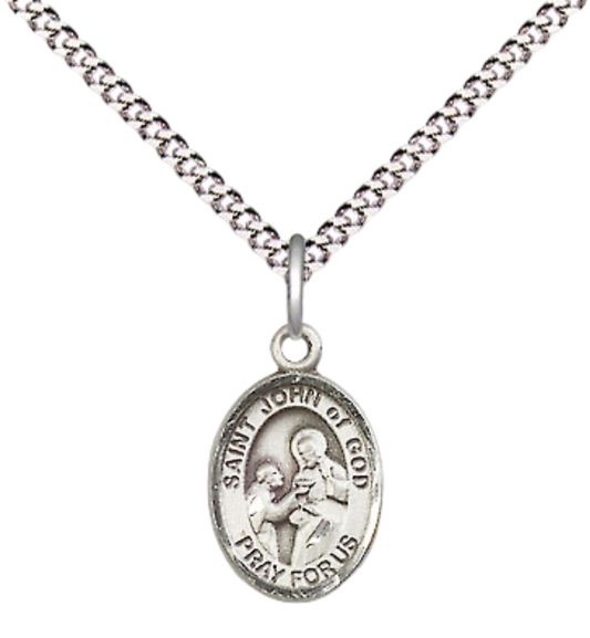 Small Sized Women's Pewter Saint St. John of God Medal Pendant on 18 Inch Rhodium Plated Lite Curb Brass Chain with Lobster Claw Clasp, Catholic Religious Necklace - Made in USA- Velvet Gift Box