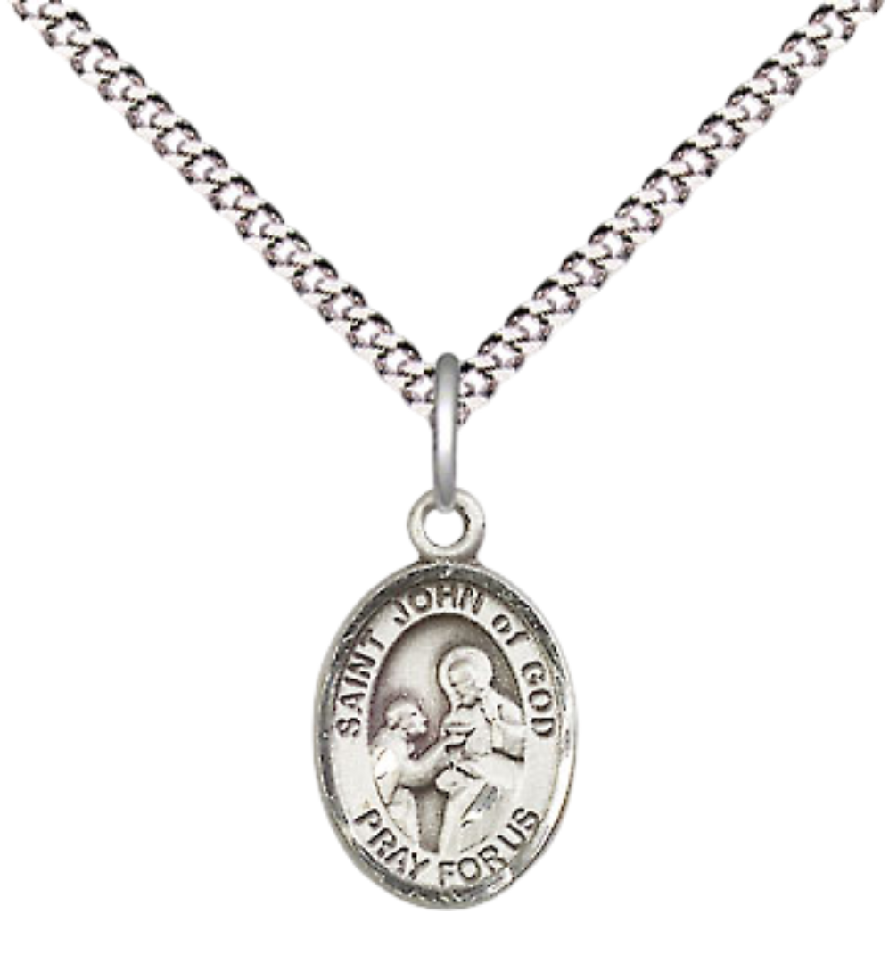 Small Sized Women's Pewter Saint St. John of God Medal Pendant on 18 Inch Rhodium Plated Lite Curb Brass Chain with Lobster Claw Clasp, Catholic Religious Necklace - Made in USA- Velvet Gift Box