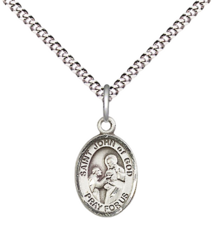 Small Sized Women's .925 Sterling Silver Saint St. John of God Medal Pendant on 18 Inch Rhodium Plated Lite Curb Brass Chain with Lobster Claw Clasp, Catholic Religious Necklace - Made in USA- Velvet Gift Box