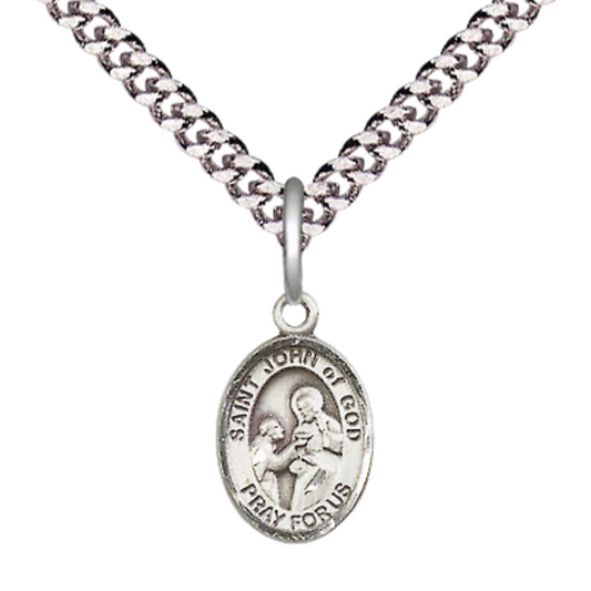 Small Sized Men's .925 Sterling Silver Saint St. John of God Medal Pendant on 24 Inch Endless Rhodium Plated Heavy Curb Brass Chain, Catholic Religious Necklace - Made in USA- Deluxe Velvet Gift Box
