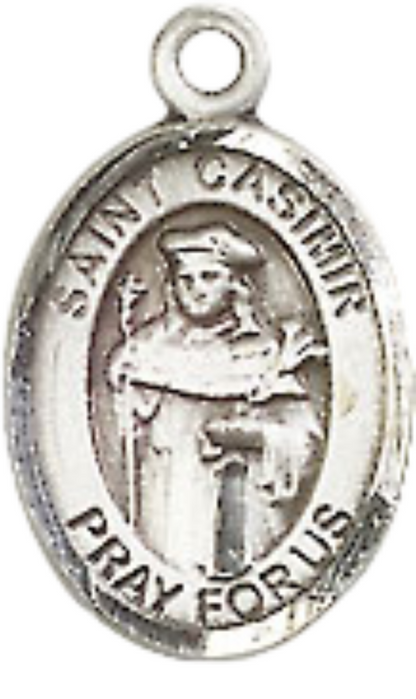 Small Sized Women's Pewter Saint St. Casimir of Poland Medal Pendant on 18 Inch Rhodium Plated Lite Curb Brass Chain with Lobster Claw Clasp, Catholic Religious Necklace - Made in USA- Velvet Gift Box