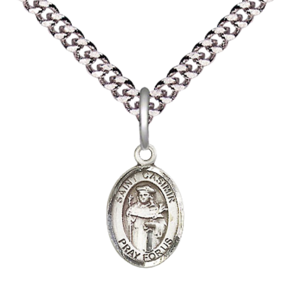 Small Sized Men's .925 Sterling Silver Saint St. Casimir of Poland Medal Pendant on 24 Inch Endless Rhodium Plated Heavy Curb Brass Chain, Catholic Religious Necklace - Made in USA- Deluxe Velvet Gift Box