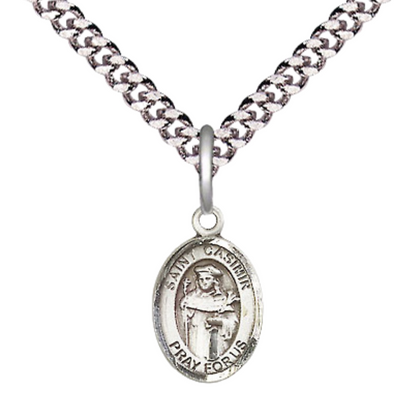 Small Sized Men's .925 Sterling Silver Saint St. Casimir of Poland Medal Pendant on 24 Inch Endless Rhodium Plated Heavy Curb Brass Chain, Catholic Religious Necklace - Made in USA- Deluxe Velvet Gift Box