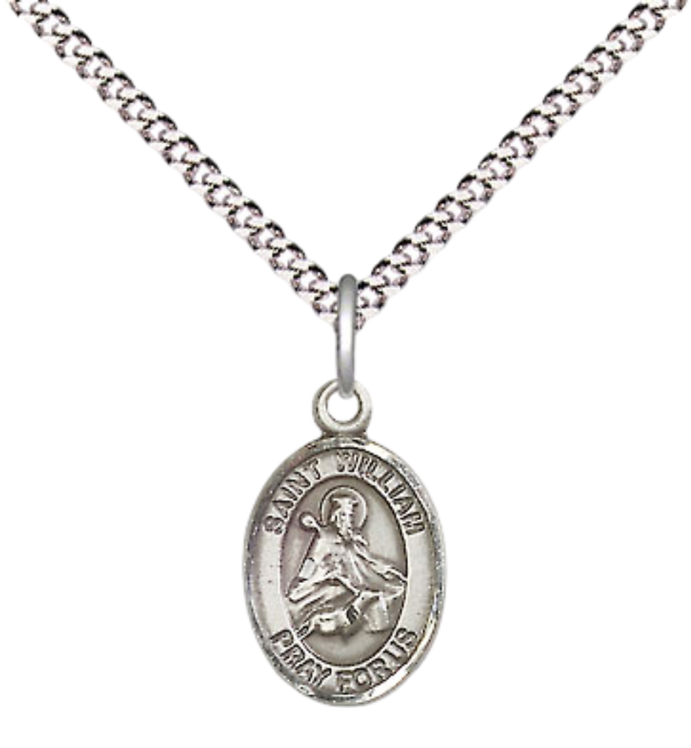 Small Sized Women's .925 Sterling Silver Saint St. William of Rochester Medal Pendant on 18 Inch Rhodium Plated Lite Curb Brass Chain w/ Lobster Claw Clasp, Catholic Religious Necklace - Made in USA- Velvet Gift Box