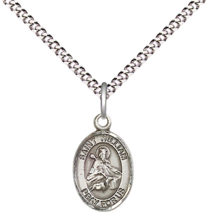 Small Sized Women's .925 Sterling Silver Saint St. William of Rochester Medal Pendant on 18 Inch Rhodium Plated Lite Curb Brass Chain w/ Lobster Claw Clasp, Catholic Religious Necklace - Made in USA- Velvet Gift Box