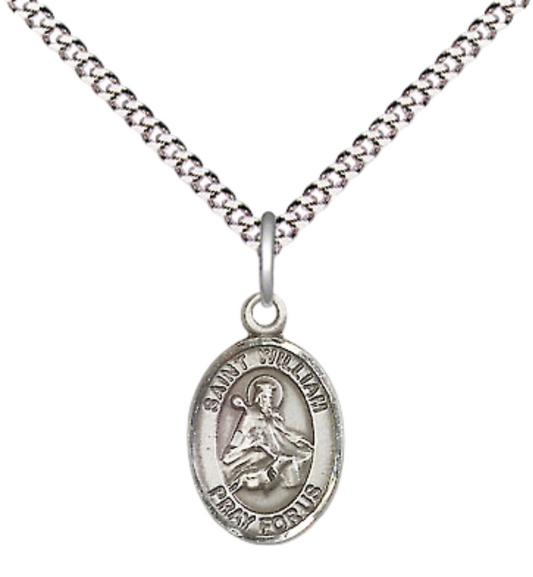 Small Sized Women's .925 Sterling Silver Saint St. William of Rochester Medal Pendant on 18 Inch Rhodium Plated Lite Curb Brass Chain w/ Lobster Claw Clasp, Catholic Religious Necklace - Made in USA- Velvet Gift Box