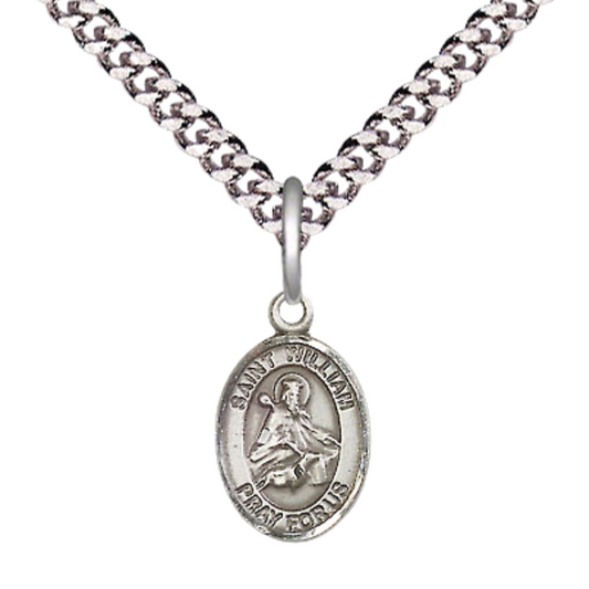 Small Sized Men's .925 Sterling Silver Saint St. William of Rochester Medal Pendant on 24 Inch Endless Rhodium Plated Heavy Curb Brass Chain, Catholic Religious Necklace - Made in USA- Deluxe Velvet Gift Box