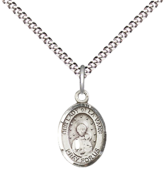 Small Sized Women's Pewter Our Lady of la Vang Medal Pendant on 18 Inch Rhodium Plated Lite Curb Brass Chain with Lobster Claw Clasp, Catholic Religious Necklace - Made in USA- Velvet Gift Box