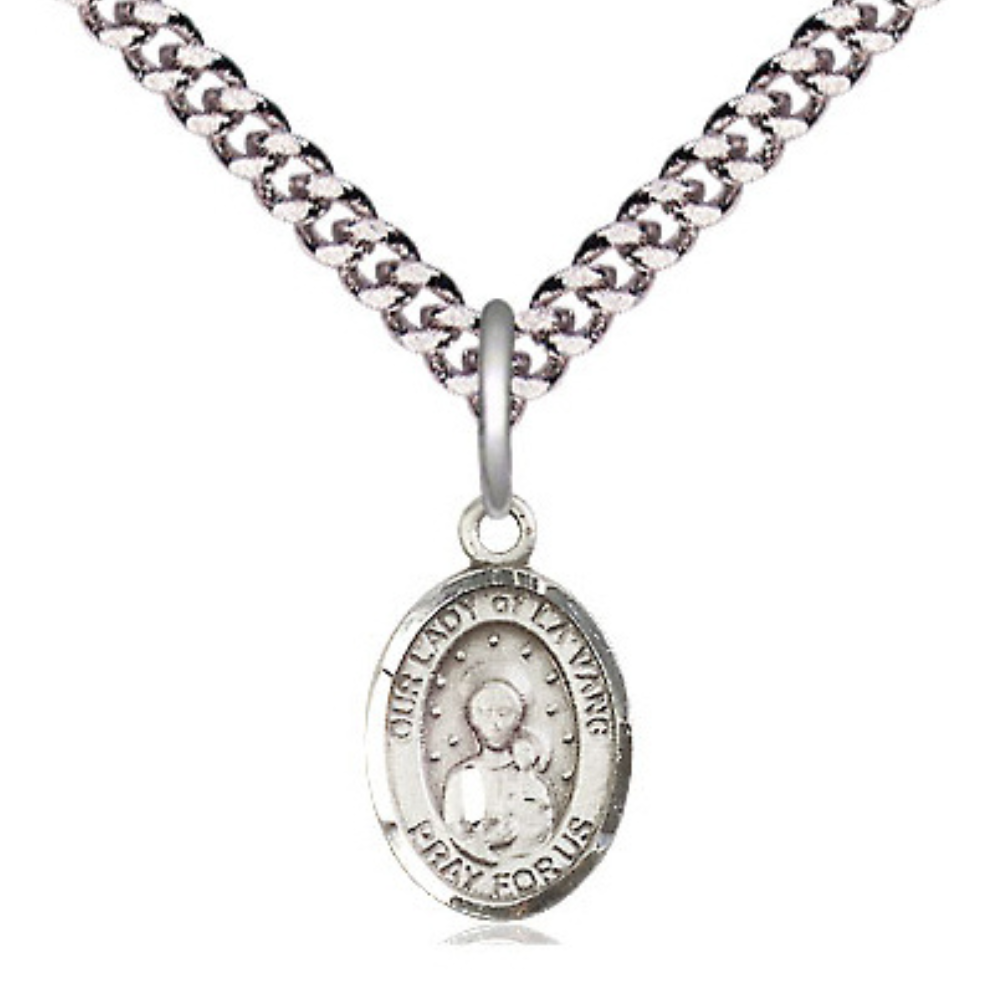 Small Sized Men's Pewter Our Lady of la Vang Medal Pendant on 24 Inch Endless Rhodium Plated Heavy Curb Brass Chain, Catholic Religious Necklace - Made in USA- Deluxe Velvet Gift Box