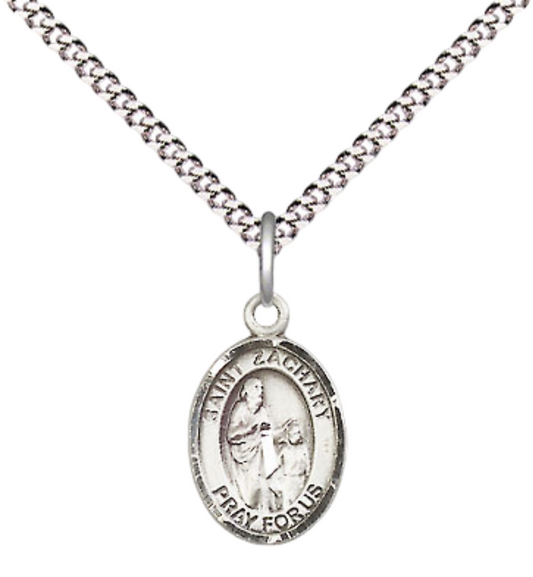 Small Sized Women's Pewter Saint St. Zachary Medal Pendant on 18 Inch Rhodium Plated Lite Curb Brass Chain with Lobster Claw Clasp, Catholic Religious Necklace - Made in USA- Velvet Gift Box