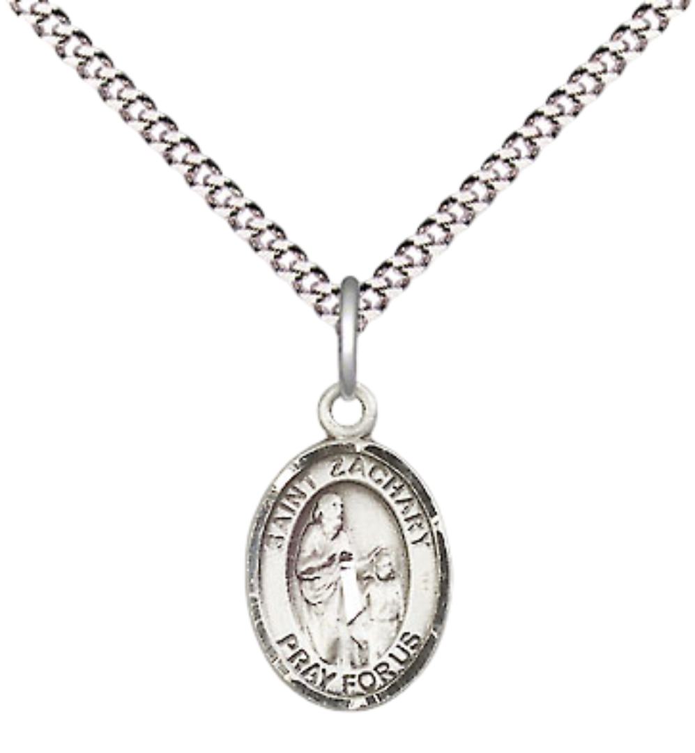 Small Sized Women's Pewter Saint St. Zachary Medal Pendant on 18 Inch Rhodium Plated Lite Curb Brass Chain with Lobster Claw Clasp, Catholic Religious Necklace - Made in USA- Velvet Gift Box