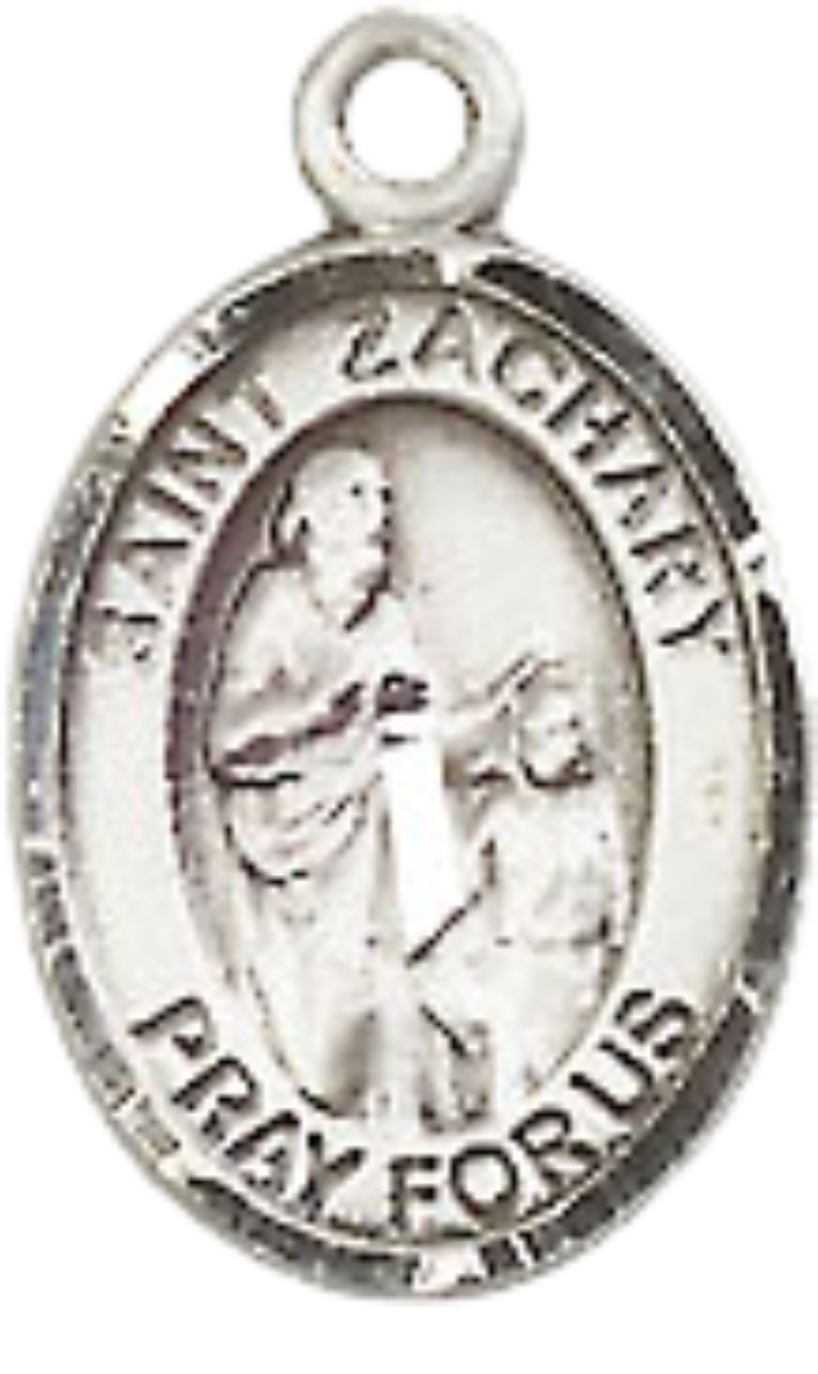 Small Sized Women's Pewter Saint St. Zachary Medal Pendant on 18 Inch Rhodium Plated Lite Curb Brass Chain with Lobster Claw Clasp, Catholic Religious Necklace - Made in USA- Velvet Gift Box