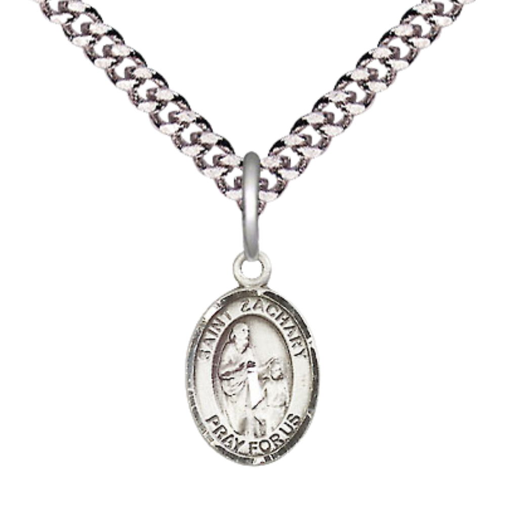 Small Sized Men's Pewter Saint St. Zachary Medal Pendant on 24 Inch Endless Rhodium Plated Heavy Curb Brass Chain, Catholic Religious Necklace - Made in USA- Deluxe Velvet Gift Box