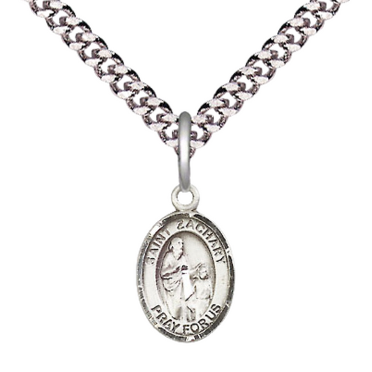 Small Sized Men's Pewter Saint St. Zachary Medal Pendant on 24 Inch Endless Rhodium Plated Heavy Curb Brass Chain, Catholic Religious Necklace - Made in USA- Deluxe Velvet Gift Box