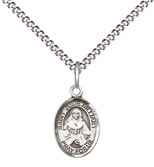 Small Sized Women's Pewter Saint Julie Billiart Medal Pendant on 18 Inch Rhodium Plated Lite Curb Brass Chain with Lobster Claw Clasp, Catholic Religious Necklace - Made in USA- Velvet Gift Box