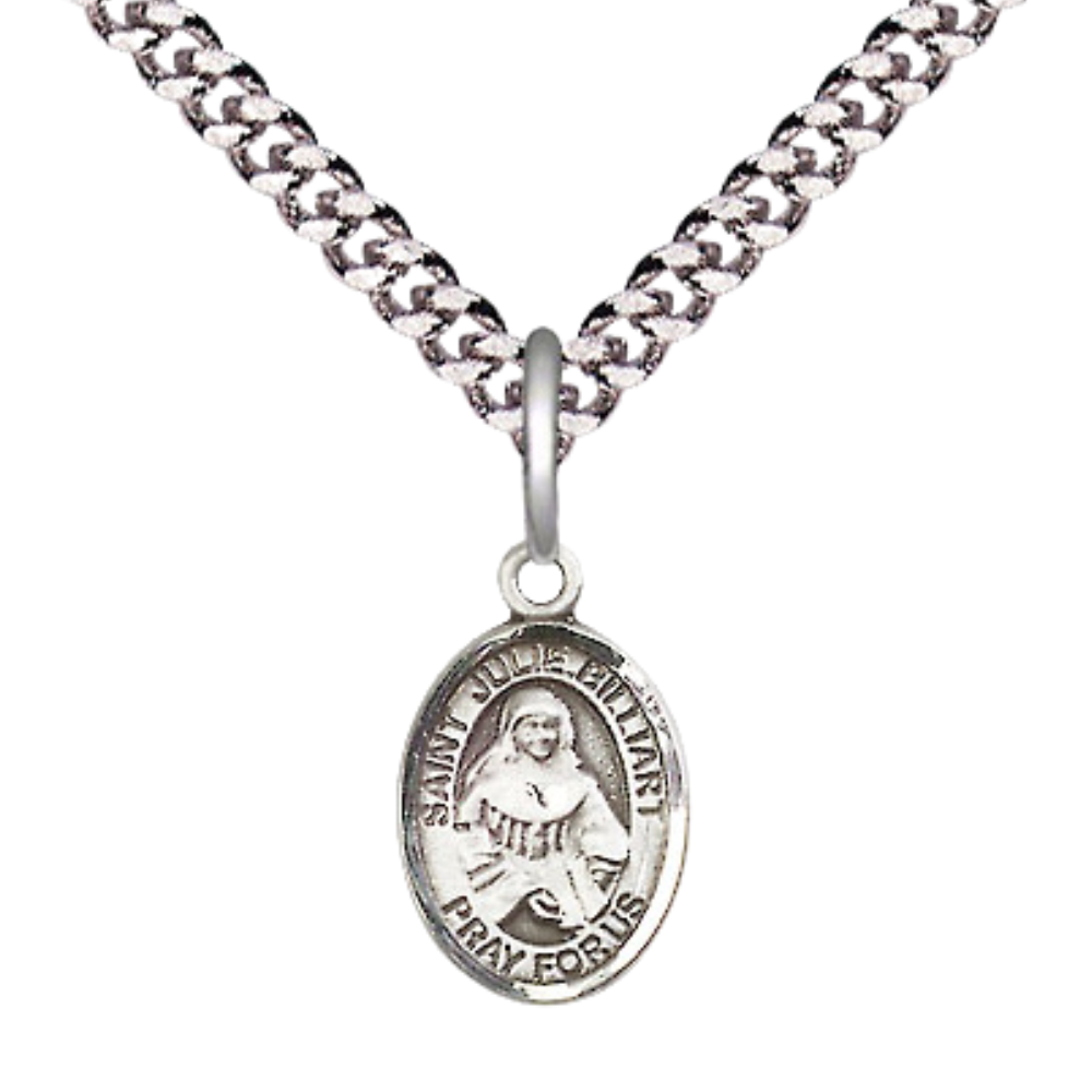 Small Sized Men's .925 Sterling Silver Saint St. Julie Billiart Medal Pendant on 24 Inch Endless Rhodium Plated Heavy Curb Brass Chain, Catholic Religious Necklace - Made in USA- Deluxe Velvet Gift Box