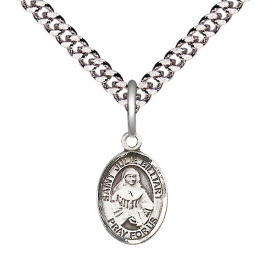 Small Sized Men's .925 Sterling Silver Saint St. Julie Billiart Medal Pendant on 24 Inch Endless Rhodium Plated Heavy Curb Brass Chain, Catholic Religious Necklace - Made in USA- Deluxe Velvet Gift Box