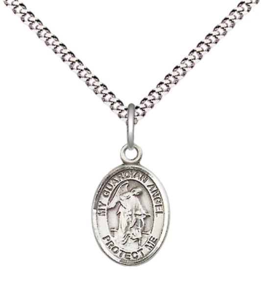 Small Sized Women's .925 Sterling Silver Guardian Angel Medal Pendant on 18 Inch Rhodium Plated Lite Curb Brass Chain with Lobster Claw Clasp, Catholic Religious Necklace - Made in USA- Velvet Gift Box