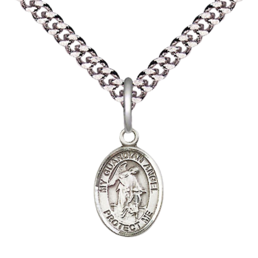 Small Sized Men's Pewter Guardian Angel Medal Pendant on 24 Inch Endless Rhodium Plated Heavy Curb Brass Chain, Catholic Religious Necklace - Made in USA- Deluxe Velvet Gift Box
